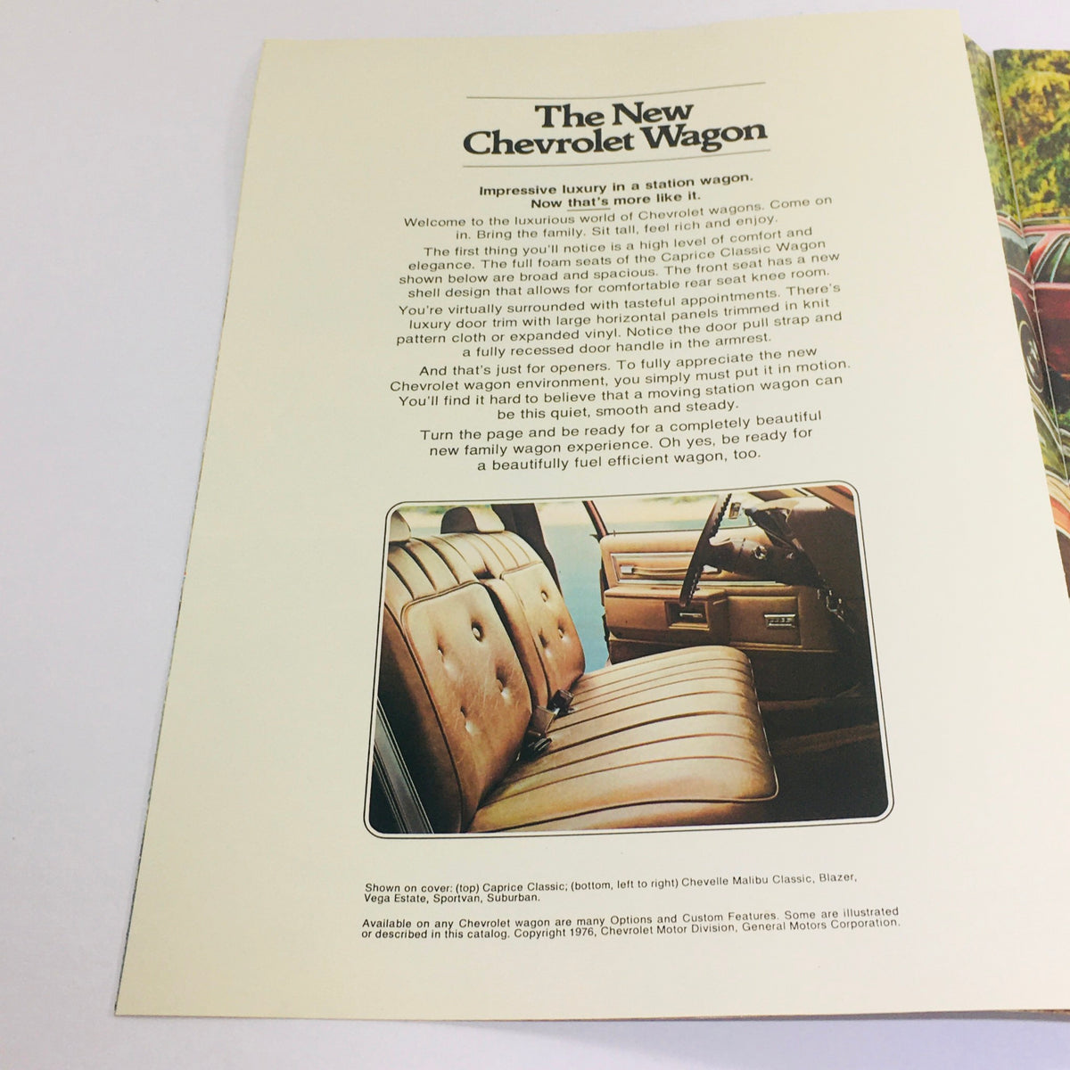 Inside page of the Vintage 1977 Caprice Classic Wagons by Chevrolet brochure showcasing luxurious interior features and seating.