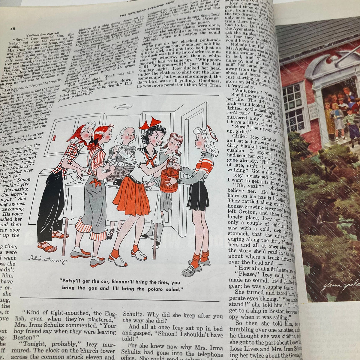 Graphic showing women and friends preparing for a social gathering with conversation and humor. From the Saturday Evening Post Magazine September 19, 1942, Illustrated Cover by Howard Scott.