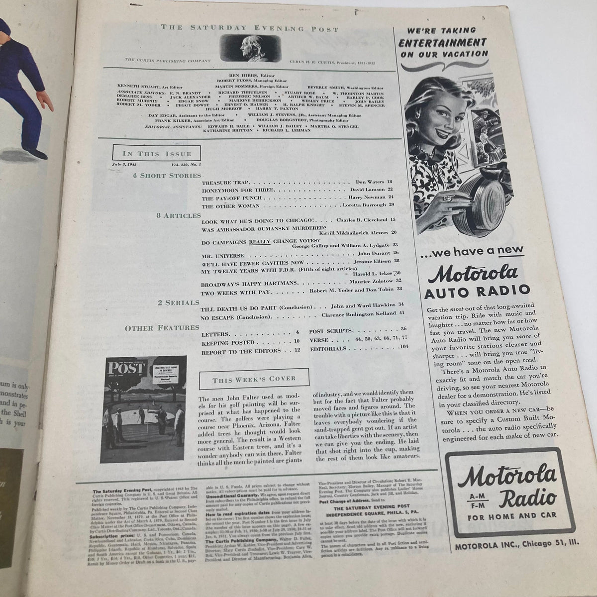 Interior page of the Saturday Evening Post Magazine July 3 1948 displaying the table of contents and feature articles, including advertisements relevant to the 1940s era.