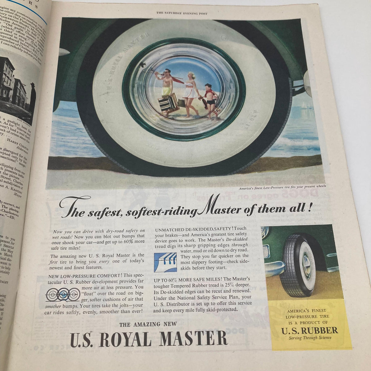 Saturday Evening Post Magazine July 3 1948 featuring an advertisement for U.S. Royal Master tires, showcasing a family at the beach through a tire's reflection.