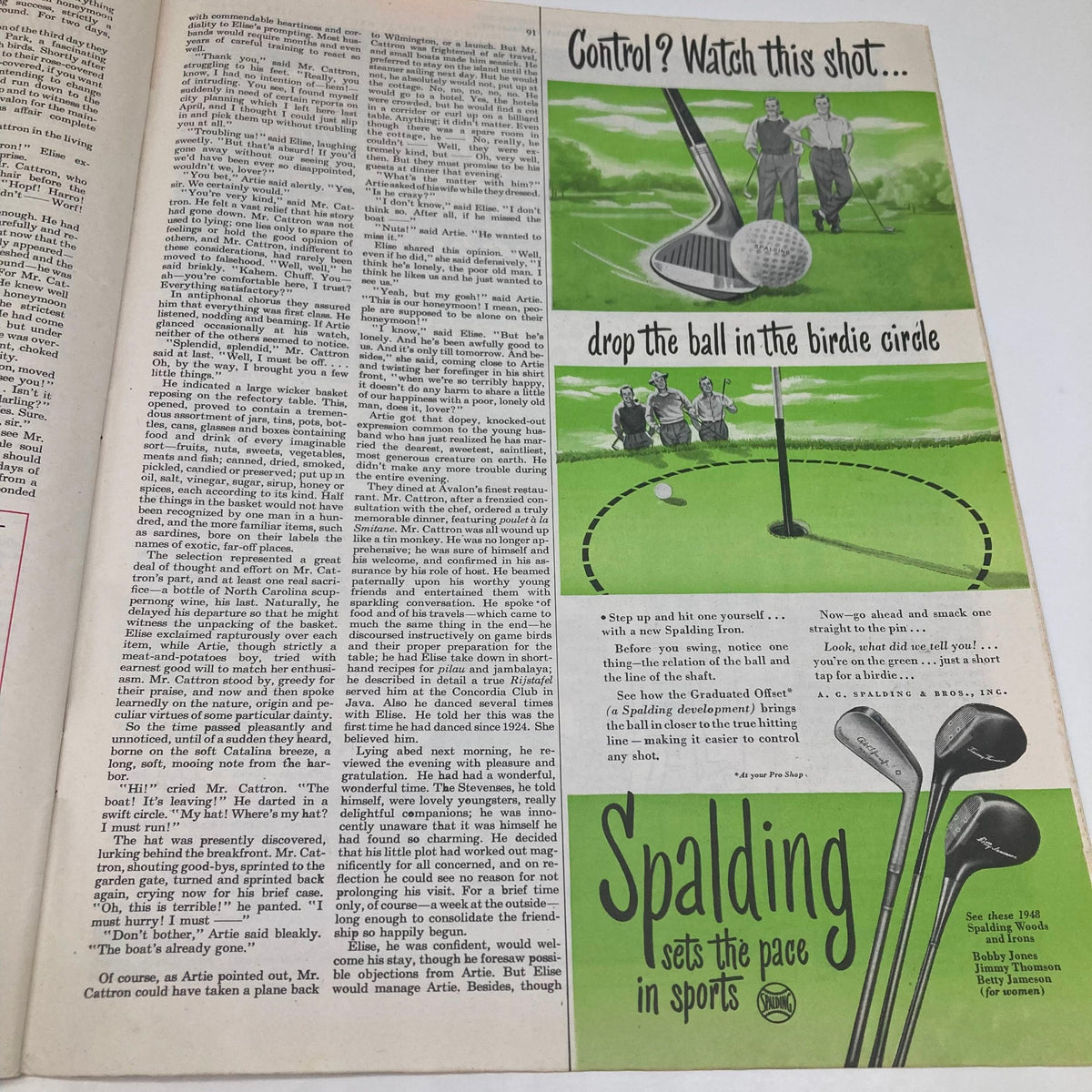 An advertisement from the Saturday Evening Post Magazine July 3 1948, featuring Spalding sports equipment and a golf lesson, highlighting control in golfing.
