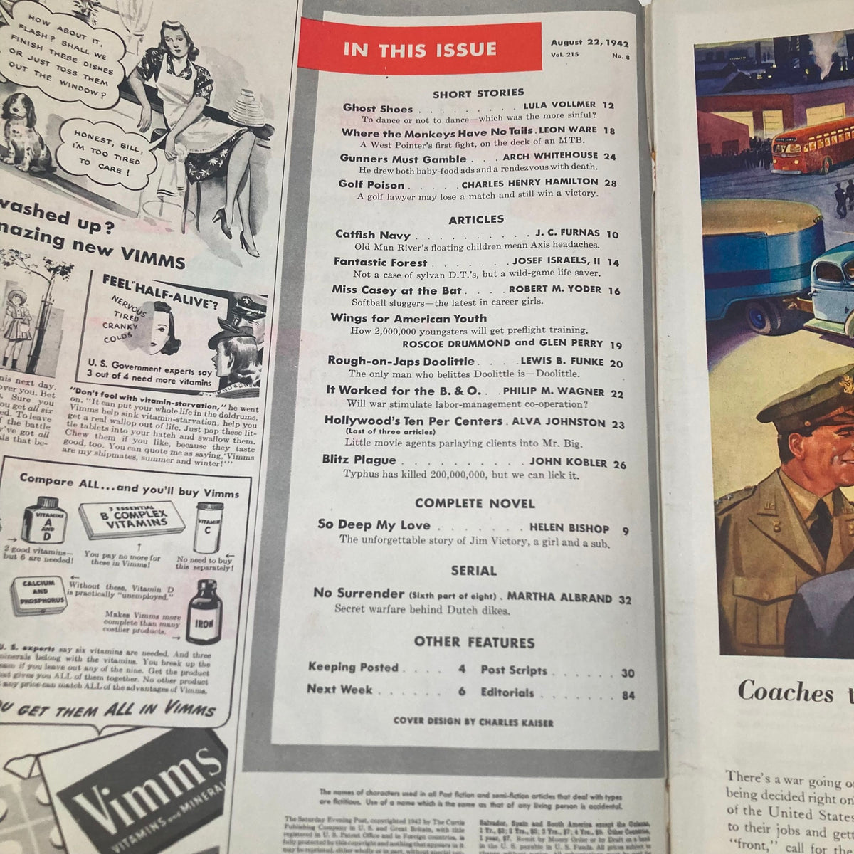 Saturday Evening Post Magazine August 22 1942 contents page listing articles and short stories, providing insight into the issue's literary offerings.