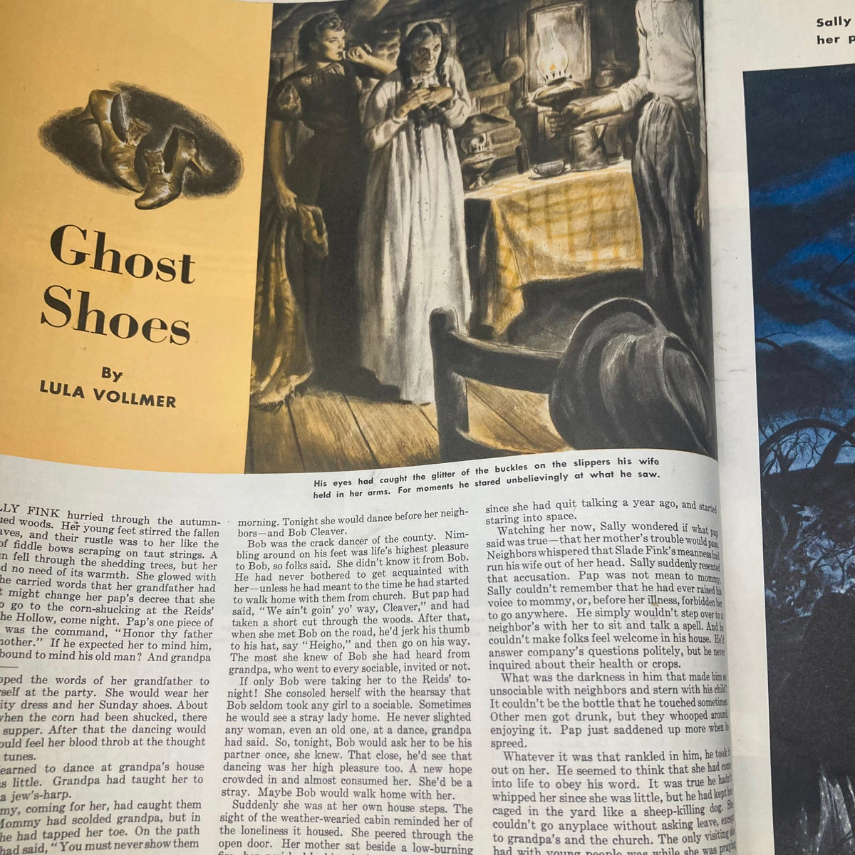 Inside page of the Saturday Evening Post Magazine August 22 1942 featuring the story 'Ghost Shoes' by Lula Vollmer, with an illustration depicting two women in a dimly lit room.