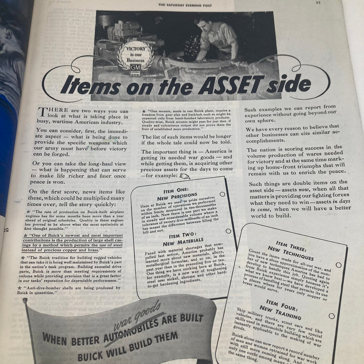 Article page from the Saturday Evening Post Magazine August 22 1942 discussing American wartime production with a focus on the Buick industry and its contributions, illustrated with relevant imagery.