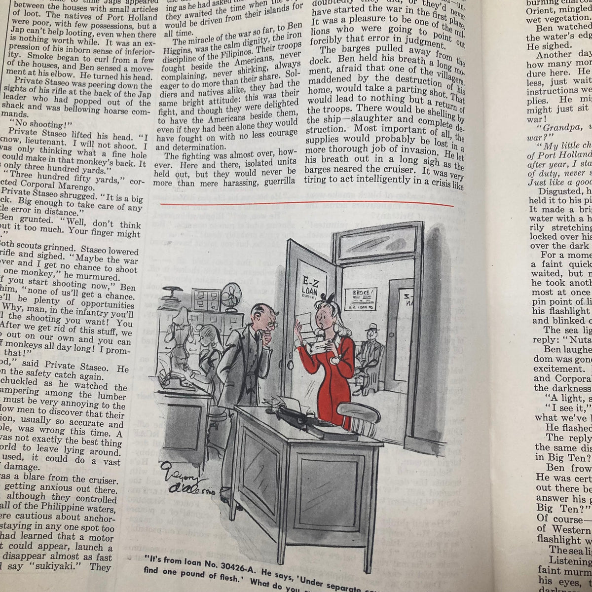 Cartoon illustration published in the Saturday Evening Post Magazine August 22 1942 featuring a humorous scene in an office with a woman in red addressing a man, showcasing the magazine's characteristic wit.