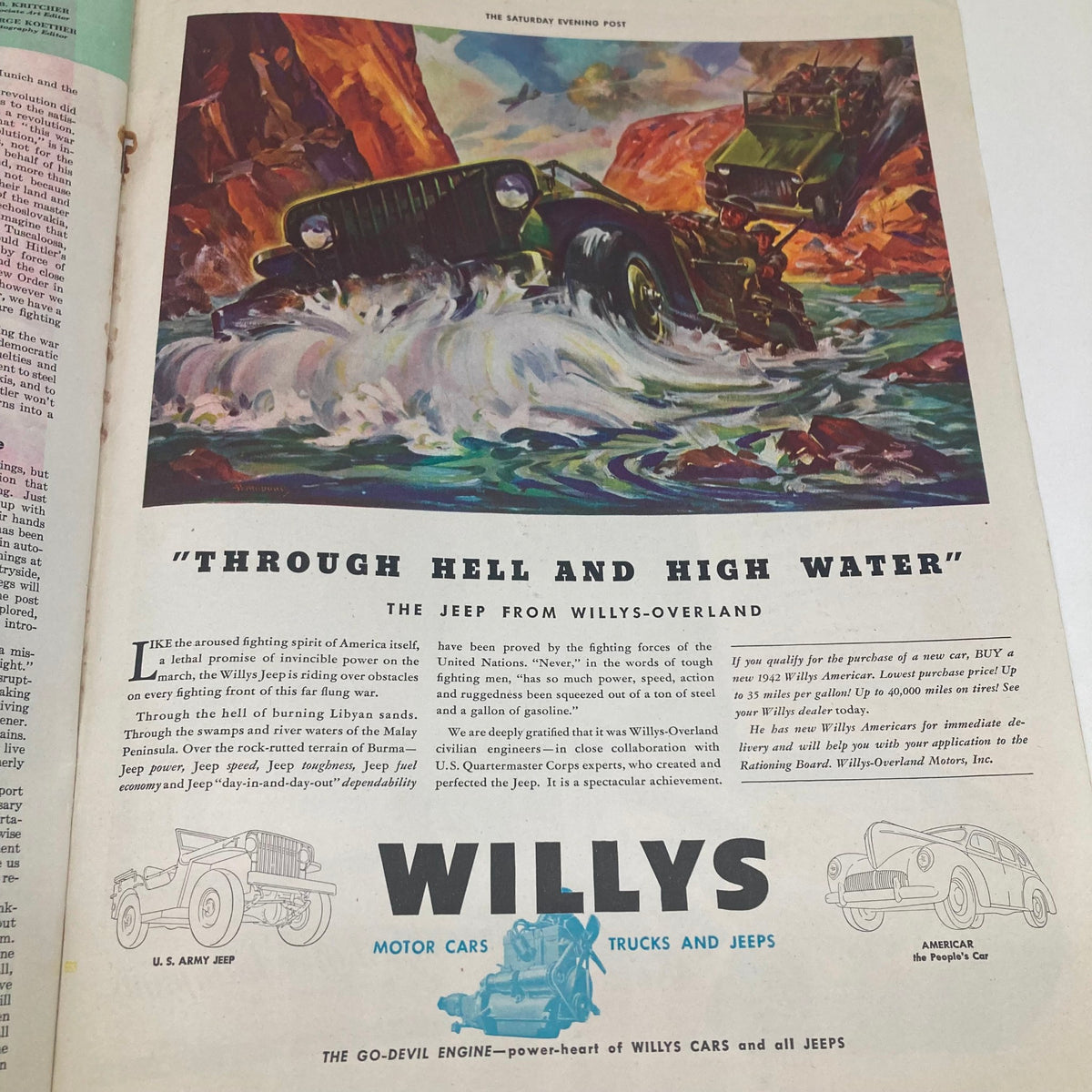Advertisement from the Saturday Evening Post Magazine August 22 1942 promoting the Willys-Overland Jeep with eye-catching artwork depicting the vehicle in rugged terrain, emphasizing its reliability and versatility.
