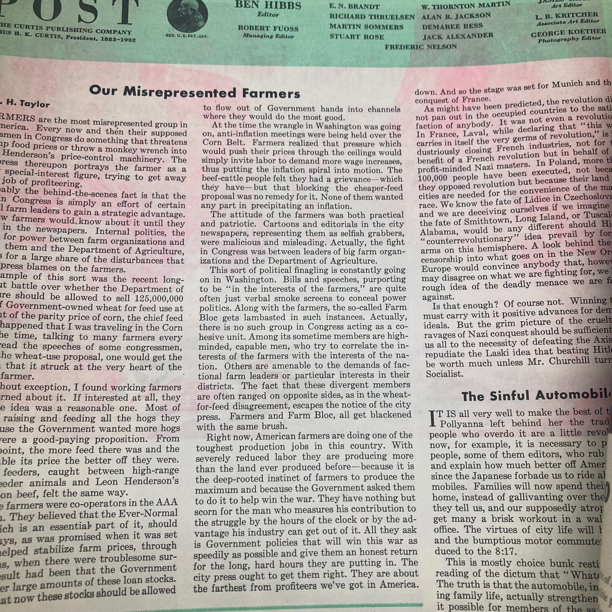 Inside article from the Saturday Evening Post Magazine August 22 1942 titled 'Our Misrepresented Farmers,' addressing agricultural issues and featuring a detailed examination of farmers' representation in government.