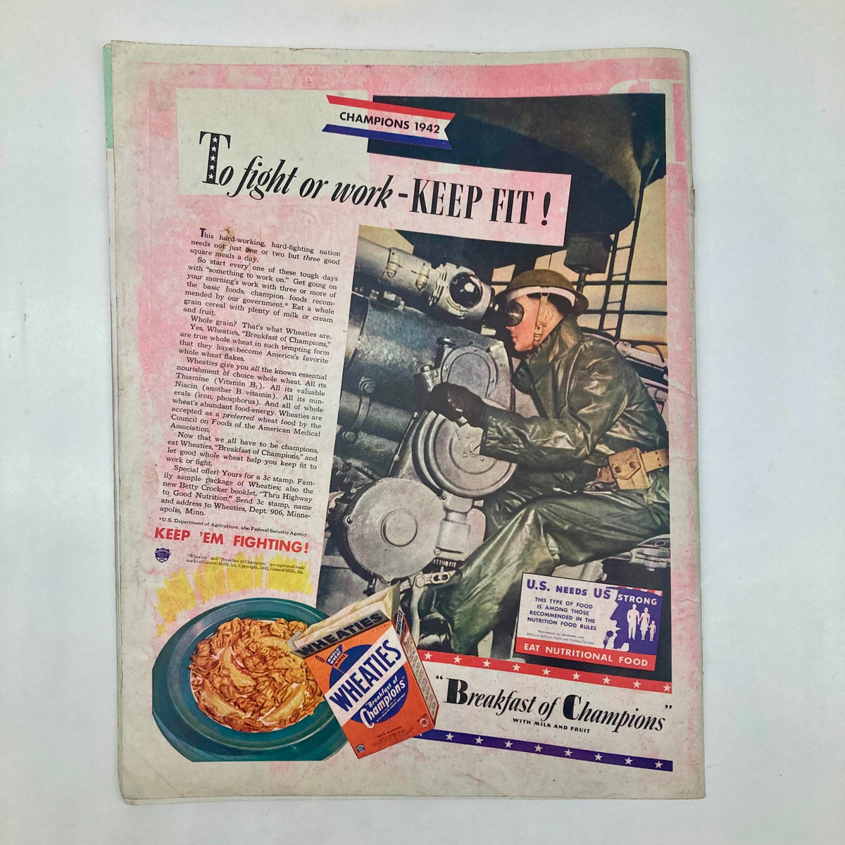 Saturday Evening Post Magazine August 22 1942, showcasing a coloful advertisement page with a soldier in uniform promoting nutrition and fitness during the war.