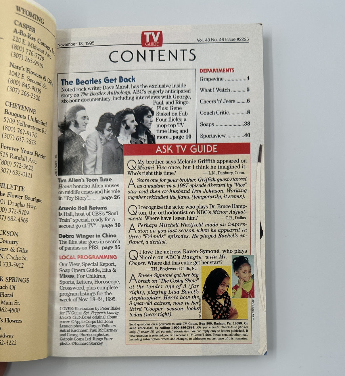 Contents page of TV Guide Magazine, November 18, 1995, detailing features on The Beatles, Tim Allen, and Arsenio Hall.