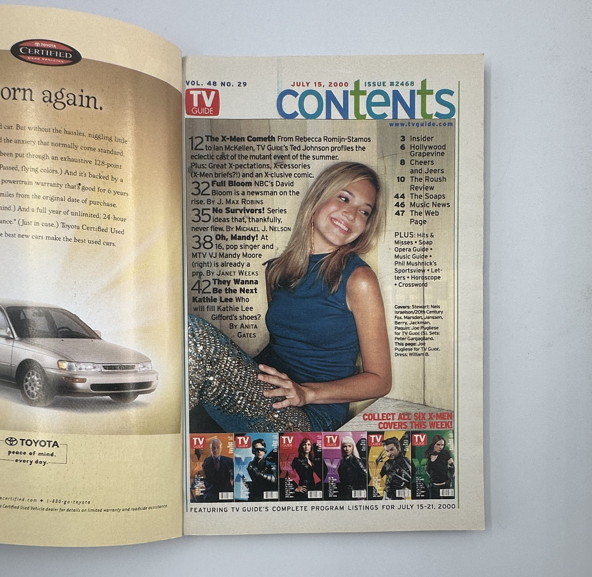 Inside page of TV Guide Magazine, July 15, 2000, displaying the Table of Contents. Highlights the feature 'The X-Men Cometh' along with program listings for the week.