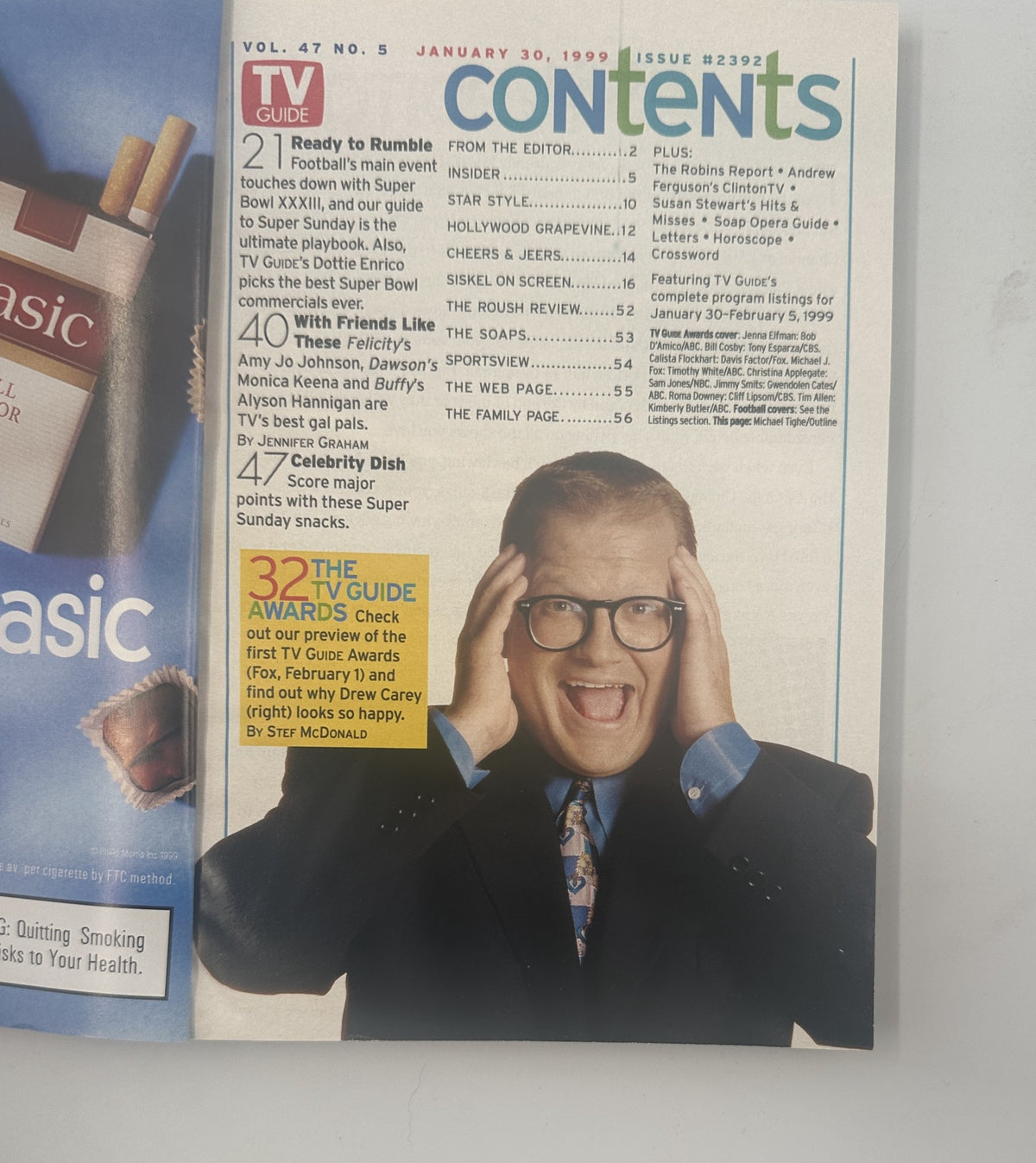Interior page from TV Guide Magazine January 30, 1999 showcasing the Table of Contents with articles including a preview of the Super Bowl and the first TV Guide Awards.