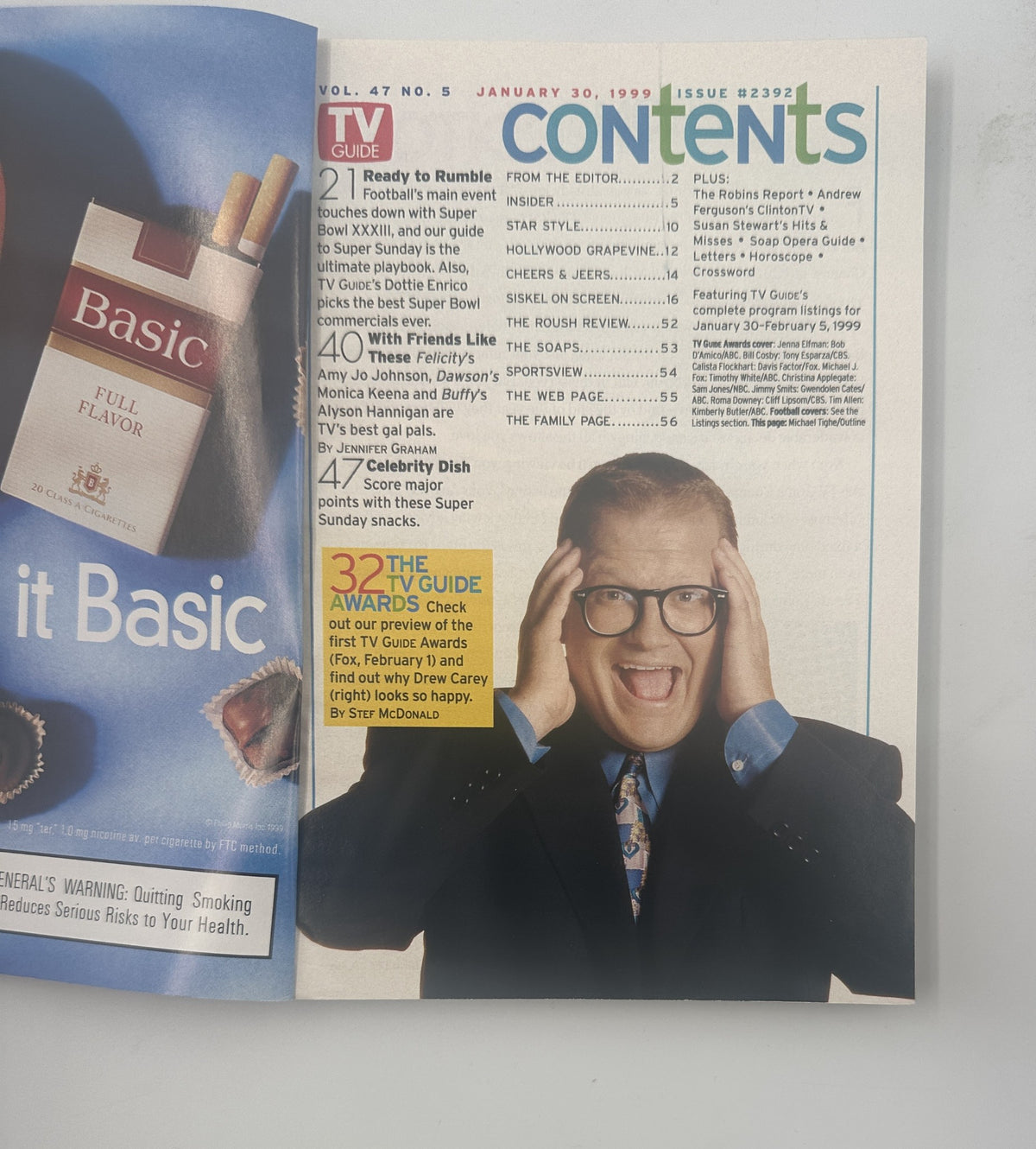 Table of Contents from TV Guide Magazine January 30, 1999 featuring Super Bowl highlights and the TV Guide Awards preview with Drew Carey.