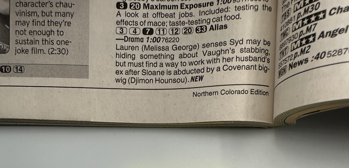 Close-up of a scripted TV Guide Magazine page from October 25, 2003 featuring episode details and descriptions, showcasing content related to the programming lineup.