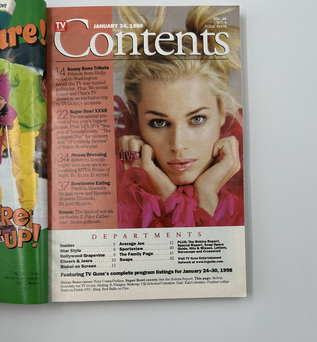 Inside page of TV Guide Magazine January 24, 1998 displaying the table of contents, including features like the Sonny Bono Tribute and Super Bowl XXXII preview.