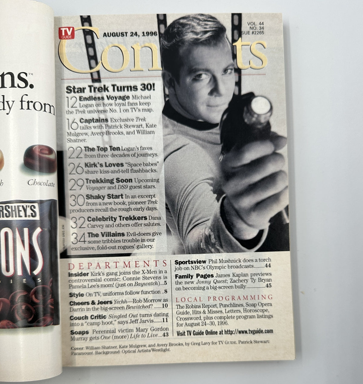 Interior page of TV Guide Magazine August 24, 1996, listing the Table of Contents for the Star Trek Turns 30 feature, including articles about the series and its captains.