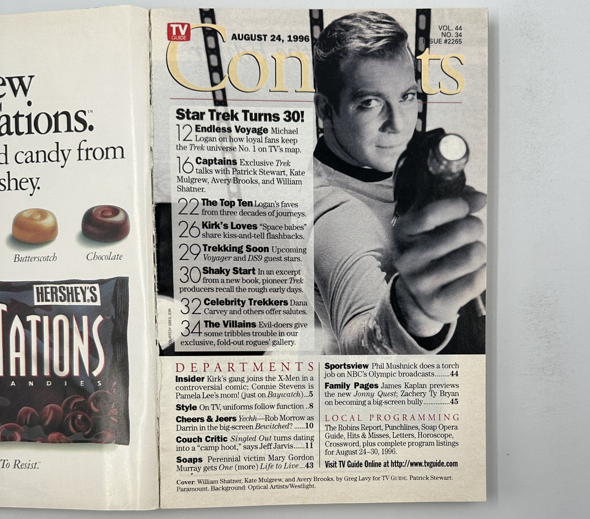 Inside page of TV Guide Magazine August 24, 1996 showing the Table of Contents featuring articles on Star Trek and exclusive interviews with notable actors.