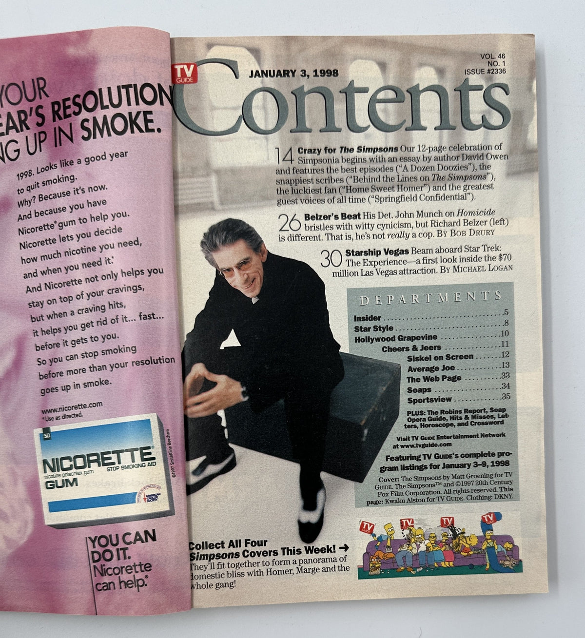 TV Guide Magazine January 3, 1998, Contents page featuring articles on The Simpsons' best episodes, guest appearances, and more, in very good condition.