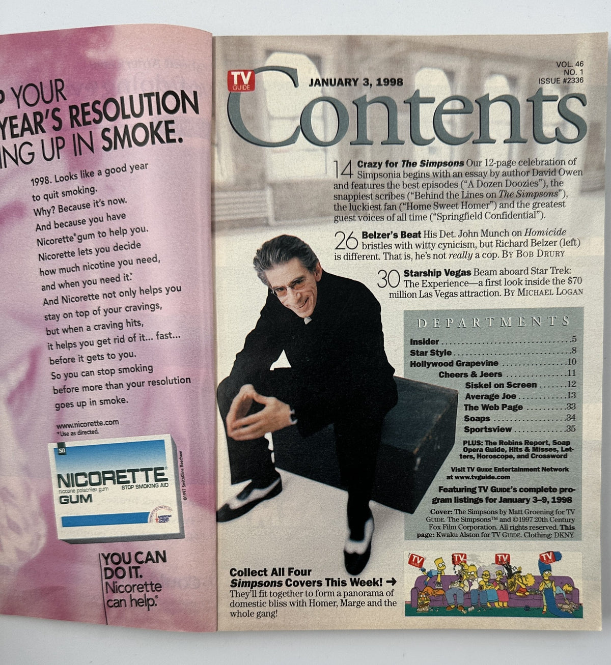 Inside content page of the TV Guide Magazine from January 3, 1998, highlighting feature articles like 'Crazy for The Simpsons,' along with other departments and topics covered in this issue.