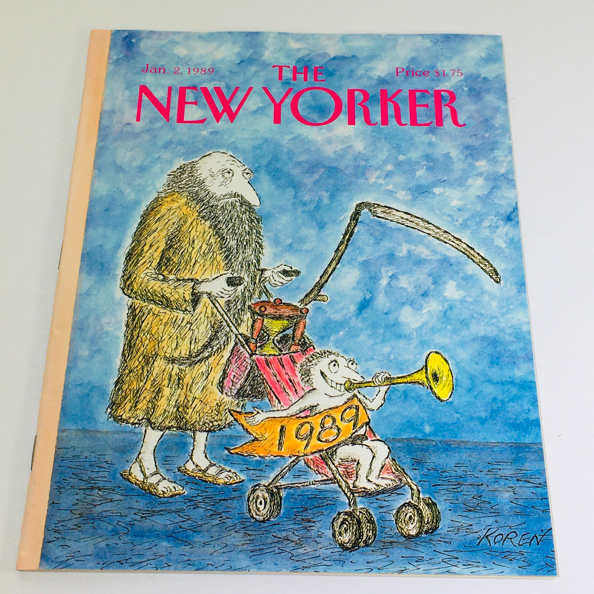 The New Yorker January 2, 1989 Full Magazine Cover by Ed Koren, featuring whimsical artwork of a character with a trumpet in a stroller and a companion, showcasing the magazine's vintage aesthetic.