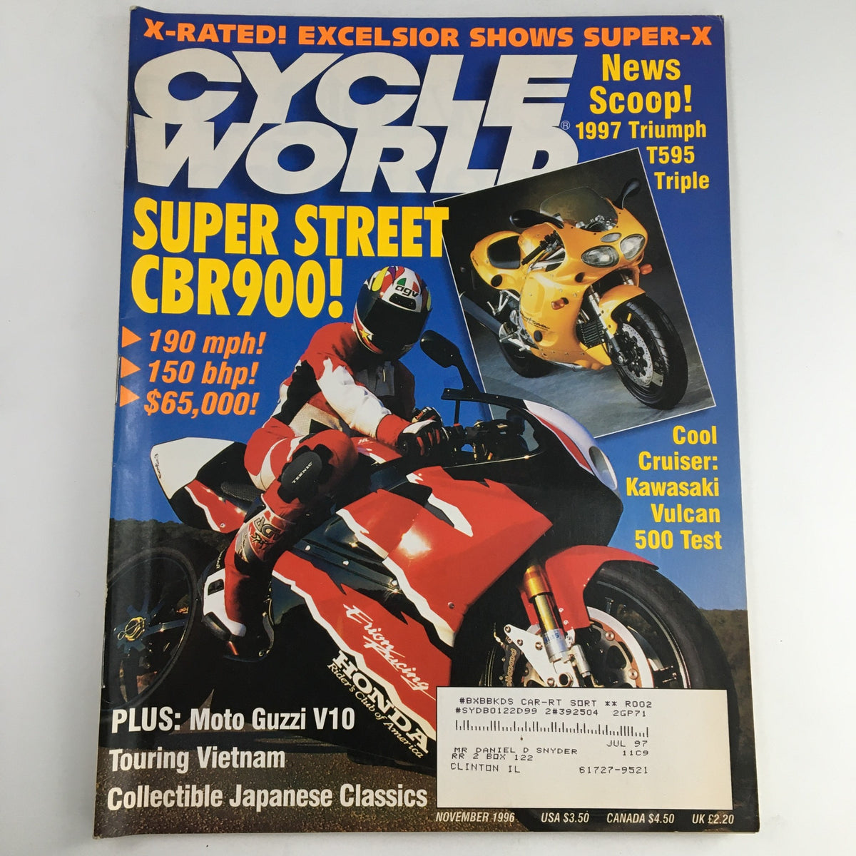 Cycle World Magazine November 1996 cover featuring the Cool Cruiser Kawasaki Vulcan 500 Test, showcasing a motorcycle rider with a Honda CBR900 bike. Includes headlines on motorcycling performance and features, reflecting motorcycle culture of the late 90s.