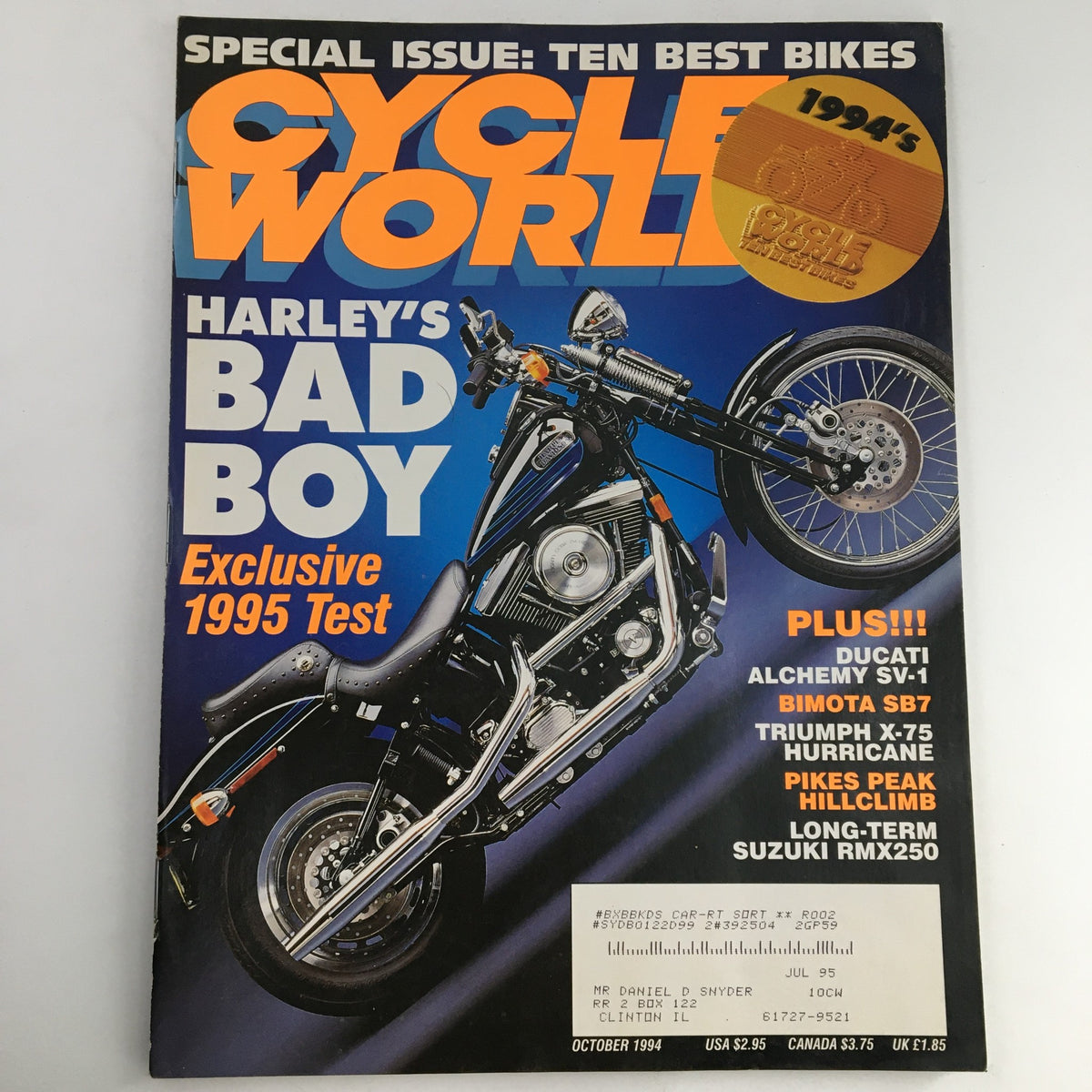 Cycle World Magazine October 1994 featuring Harley's Bad Boy 1995 Test and Suzuki RMX250. The cover showcases a striking image of Harley's Bad Boy motorcycle, highlighting its design and style. This vintage magazine is a collectible for motorcycle enthusiasts.