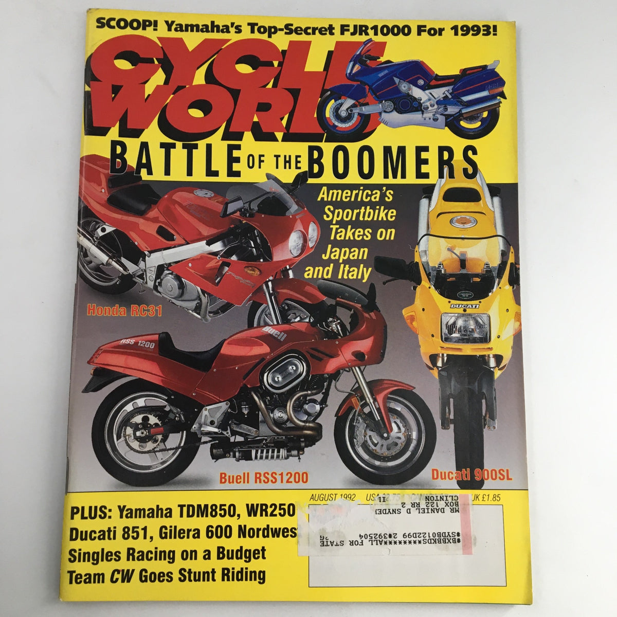 Cycle World Magazine August 1992 featuring Yamaha FJR1000, Honda RC31, and Ducati 900SL on the cover. Illustrating a vivid motorcycle culture with iconic sportbike designs, this vintage magazine showcases Buell RSS1200 and offers insights into motorcycle technology and performance.
