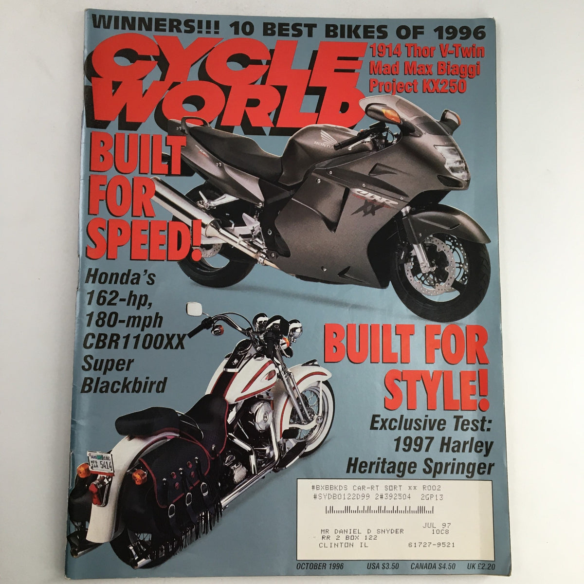 Cover of Cycle World Magazine October 1996 featuring the Honda CBR1100XX Super Blackbird, highlighting its speed capabilities with the title 'Built for Speed!' along with a showcase of other bikes.