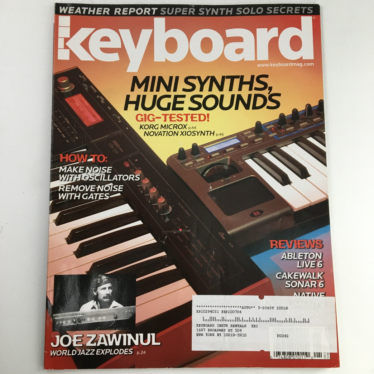Cover of Keyboard Magazine January 2007 featuring Joe Zawinul of World Jazz and Korg Microx, highlighting mini synths and sound technologies.