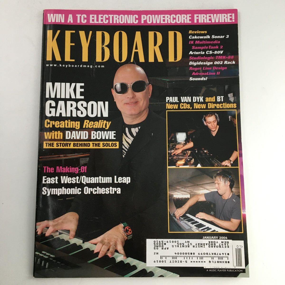 Keyboard Magazine January 2004 featuring Mike Garson discussing his collaboration with David Bowie and Paul Van Dyk showcasing new directions in electronic music. Vintage magazine cover highlights music industry insights and artist profiles.