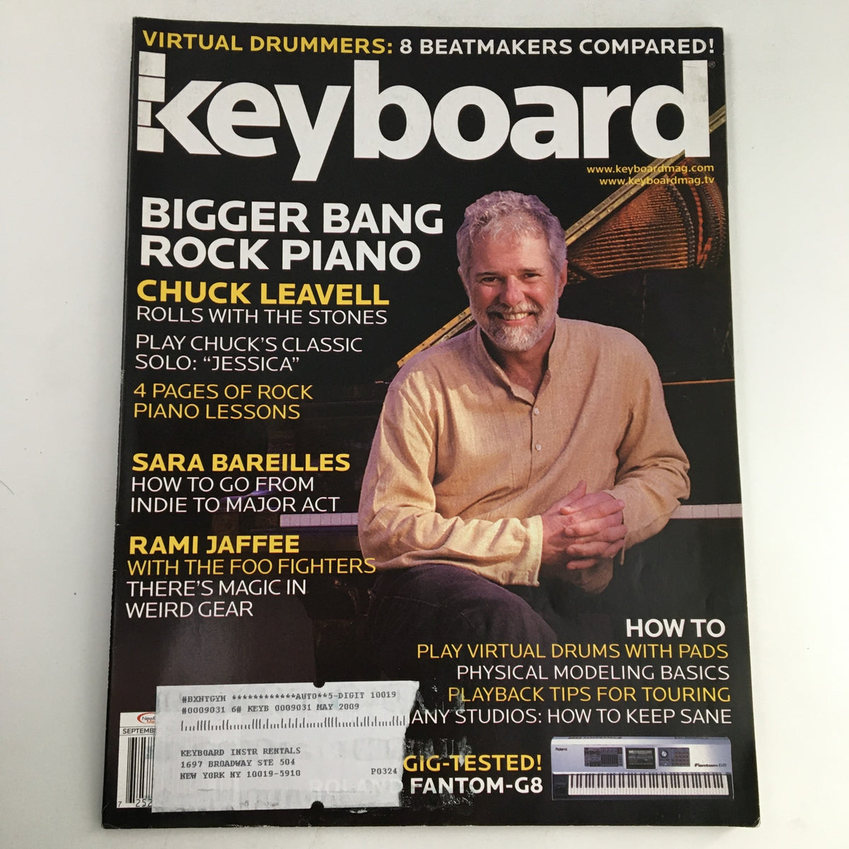Keyboard Magazine September 2008 featuring Chuck Leavell, Sarah Bareilles, and Rami Jaffee on the cover, showcasing articles on rock piano, virtual drummers, and music insights.