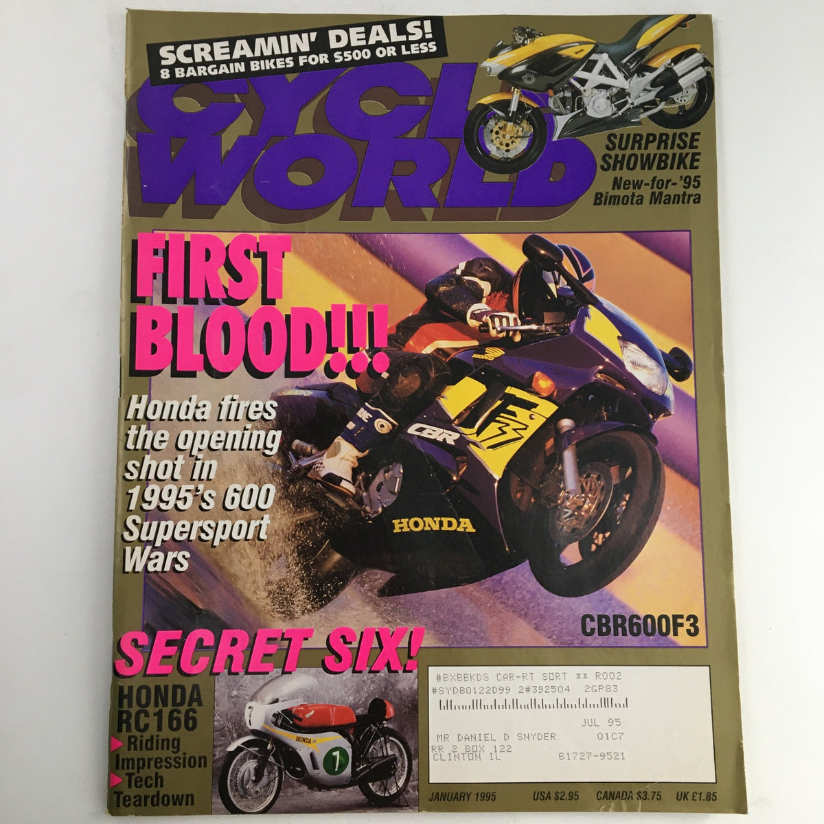 Cover of Cycle World Magazine January 1995 featuring the Honda CBR600F3, Honda RC166, and Bimota Mantra with bold text highlighting the features of the motorcycles.
