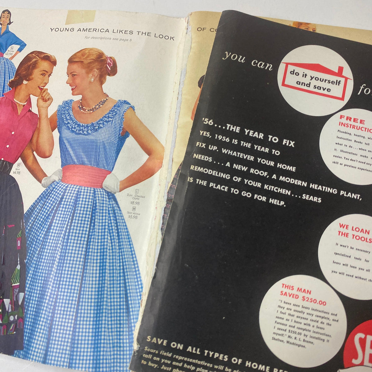 Interior page of the 1956 Sears Roebuck and Co. Spring and Summer Catalog showcasing young women in stylish dresses.