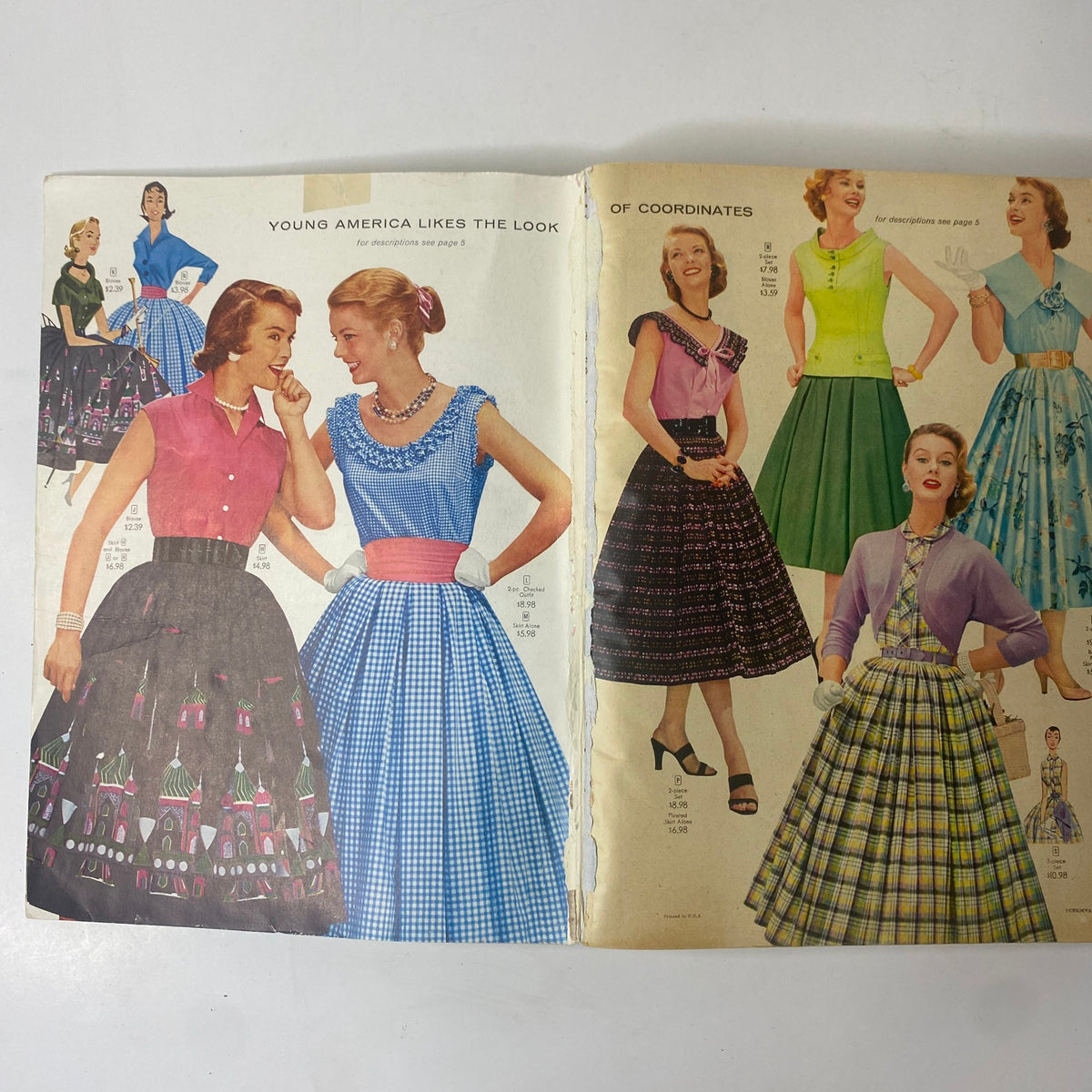 Double-page spread from the 1956 Sears Roebuck and Co. Spring and Summer Catalog highlighting fashionable outfits for young women.