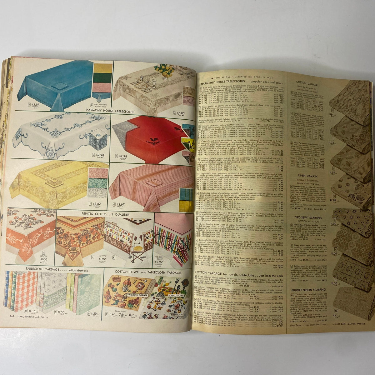 1956 Sears Roebuck and Co. Spring and Summer Catalog showcasing different tablecloth designs, featuring patterns and styles popular in the 1950s.