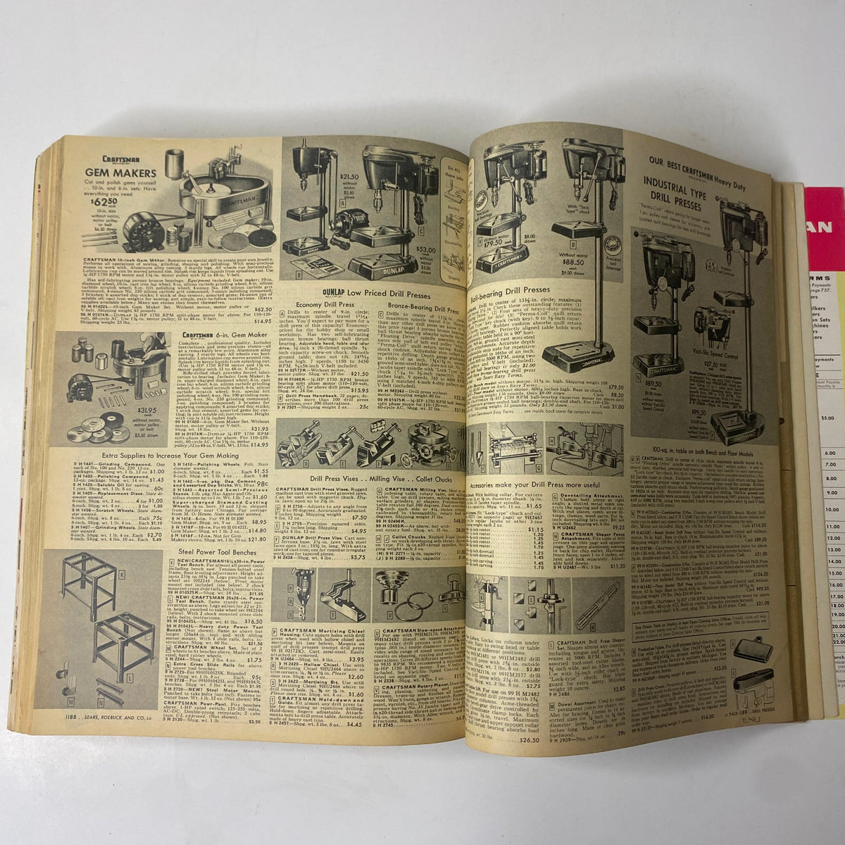 Product information page for gem makers and drill presses from the 1956 Sears Roebuck and Co. Spring and Summer Catalog, highlighting tools for crafting and home workshops.