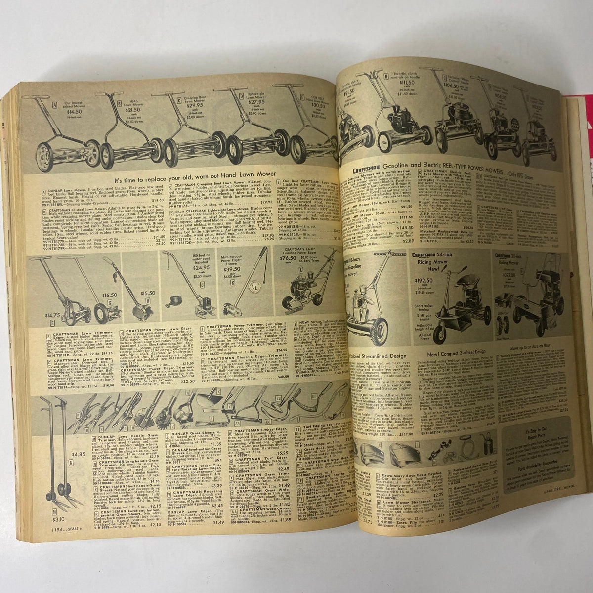 Lawn mowers and gardening tools featured in the 1956 Sears Roebuck and Co. Spring and Summer Catalog, providing options for homeowners to maintain their gardens.