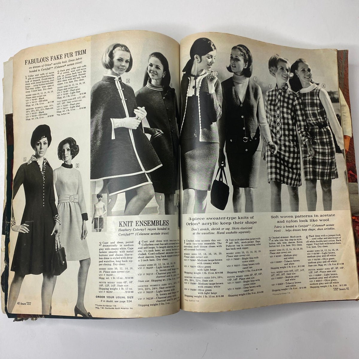 Double-page spread in the 1969 Sears Fall and Winter Catalog featuring various female models in knit ensembles and stylish dresses.