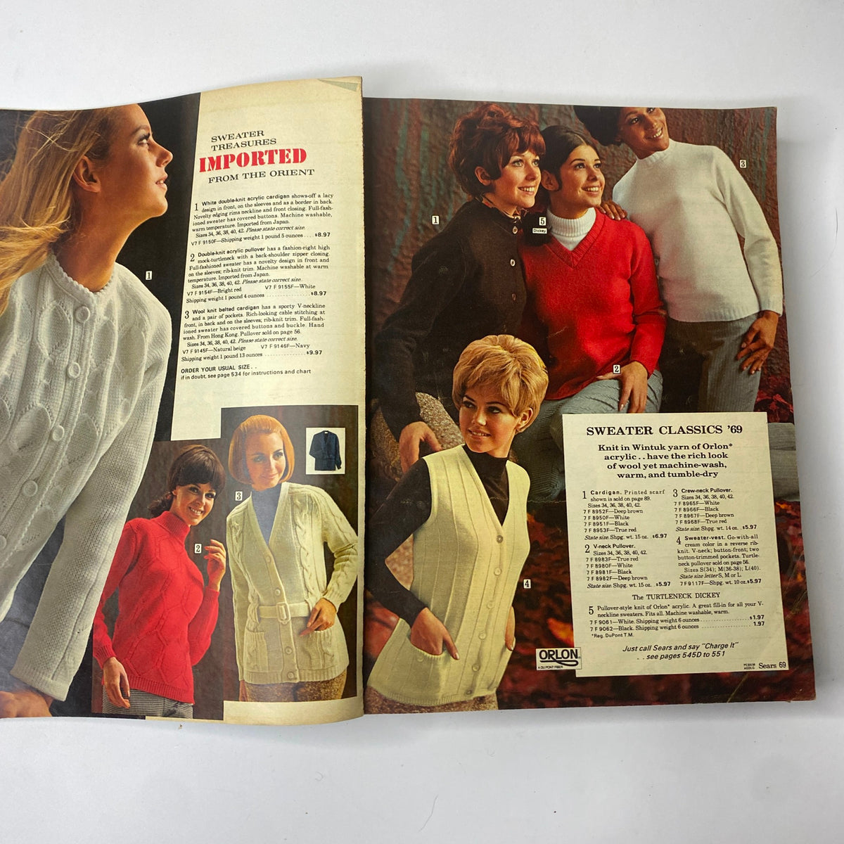 Vintage fashion spread showcasing women's sweaters from the 1969 Sears Fall and Winter Catalog, featuring multiple models in stylish fall sweaters.