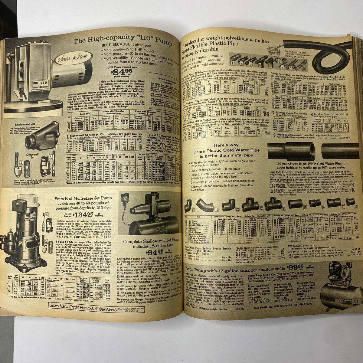 Plumbing products showcase featuring water pumps and plastic pipes in the 1969 Sears Fall and Winter Catalog, highlighting home improvement essentials.