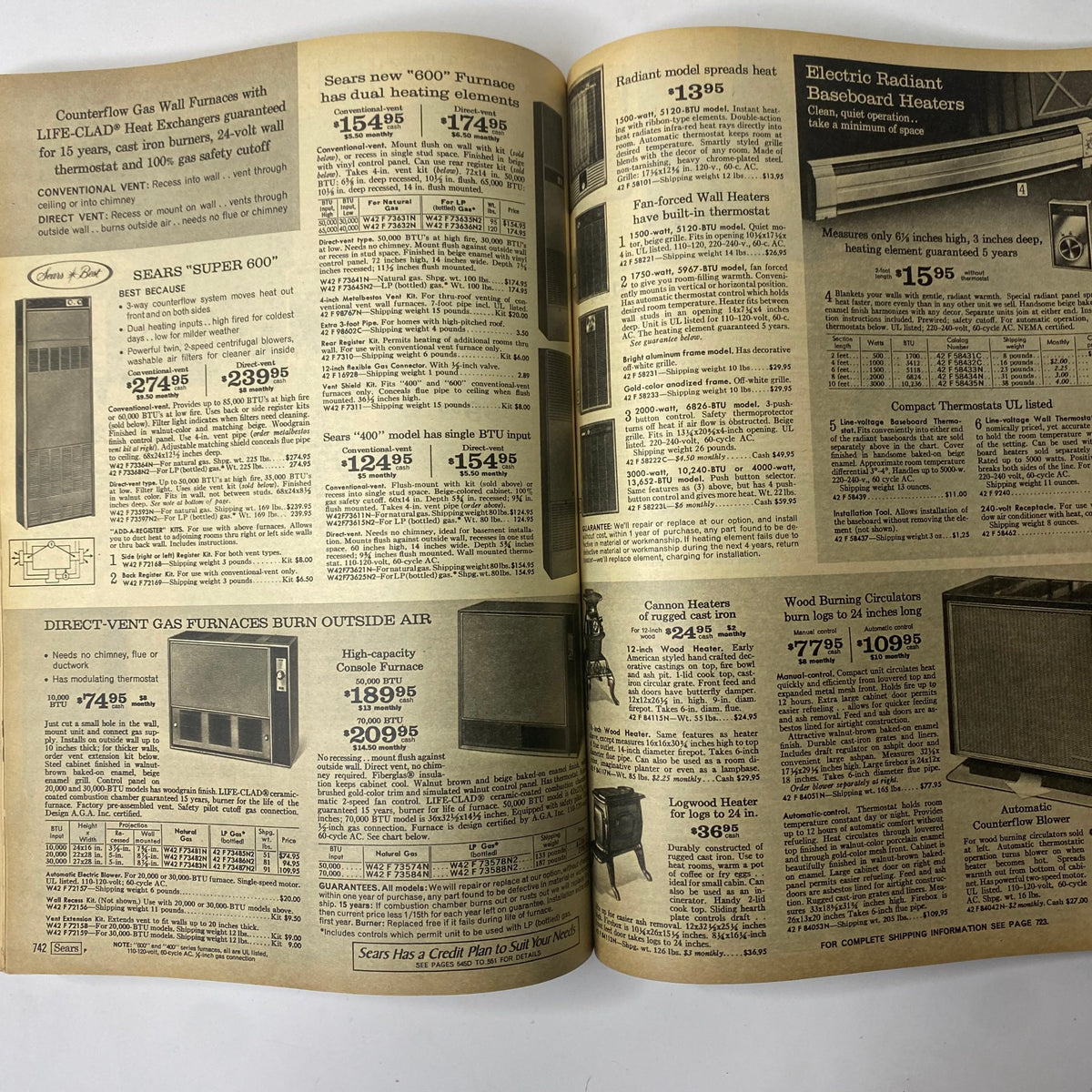 Interior pages from the 1969 Sears Fall and Winter Catalog displaying a variety of heating systems including wall furnaces and electric heaters, along with their pricing and specifications.