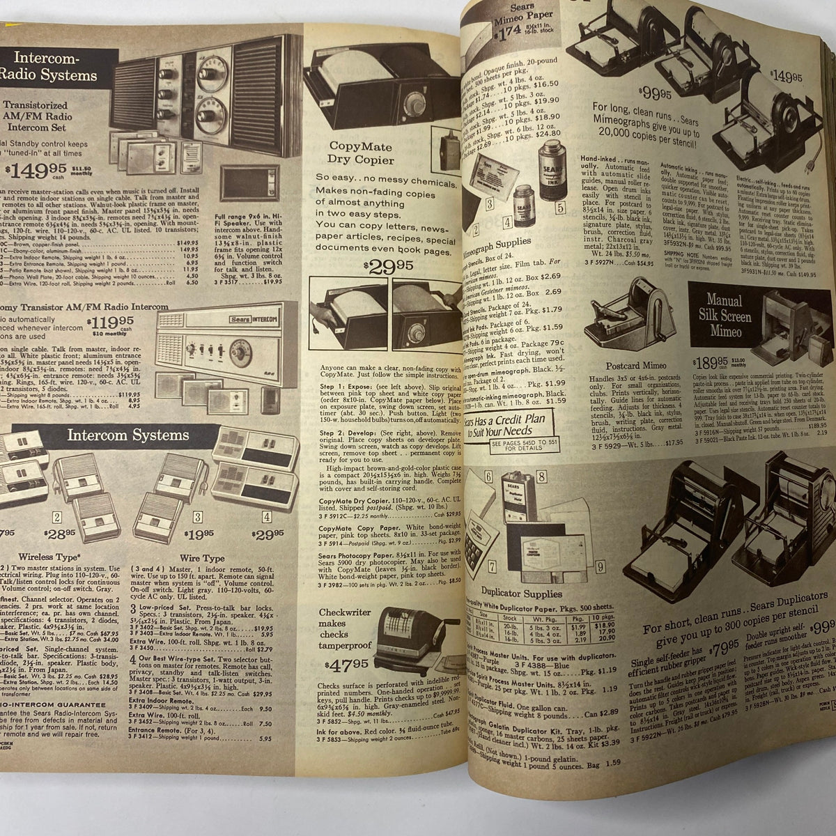 Interior pages from the 1969 Sears Fall and Winter Catalog featuring intercom systems and office supplies, highlighting various radio and copier products with their prices.