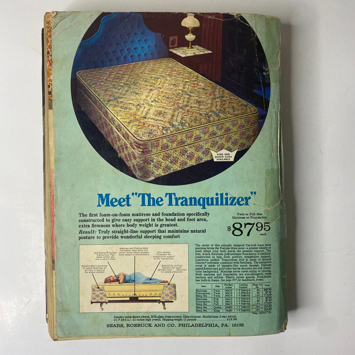 Cover page of the 1969 Sears Fall and Winter Catalog featuring The Tranquilizer mattress advertisement, highlighting its unique foam support construction and pricing details.