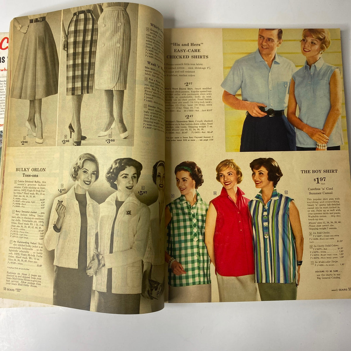 Inside spread from the 1959 Sears Summer Sale Book Catalog featuring casual summer shirts for men and women.