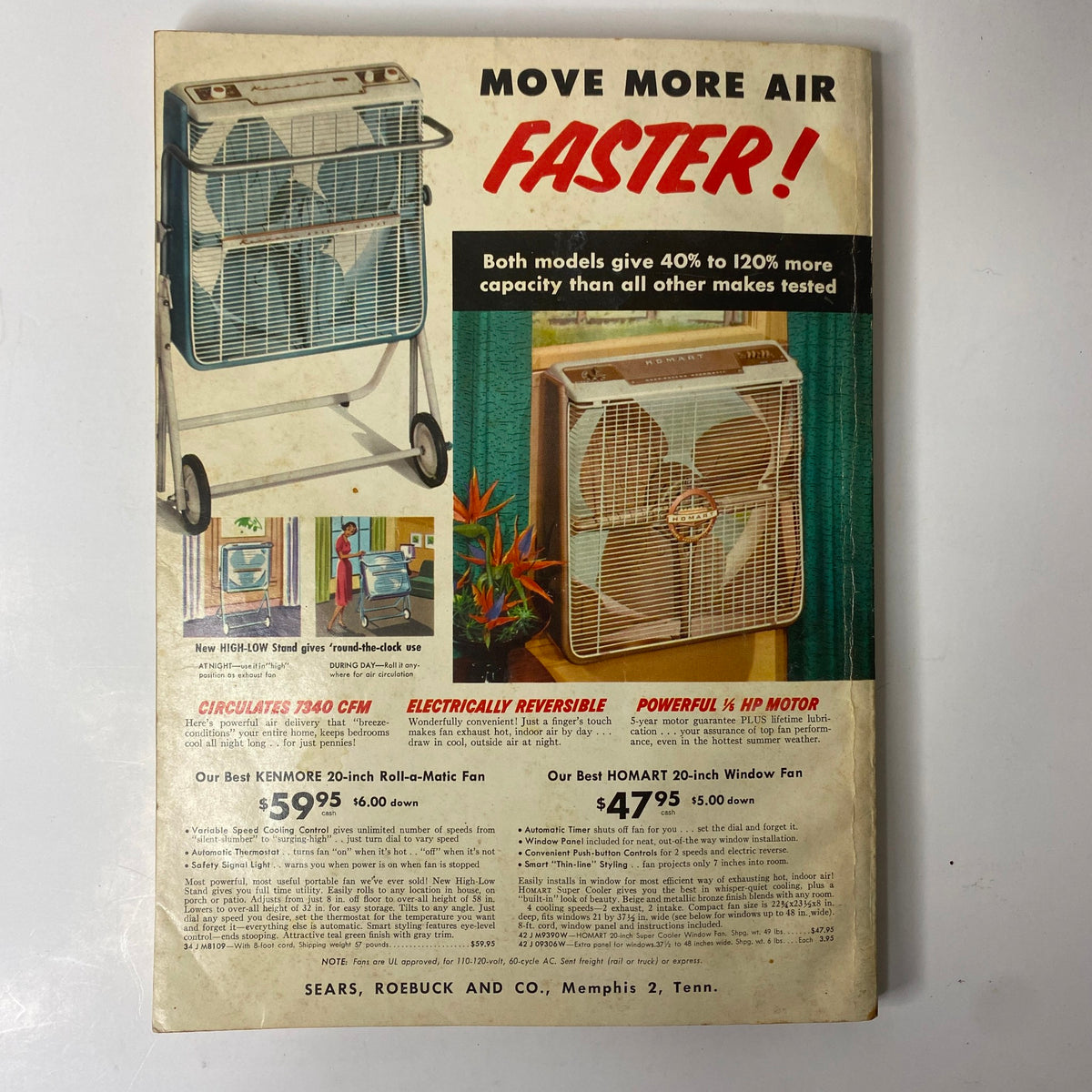 1959 Sears Summer Sale Book Catalog advertisement for fans, featuring the Kenmore Roll-a-Matic Fan and the Homart 20-inch Window Fan with pricing and features.