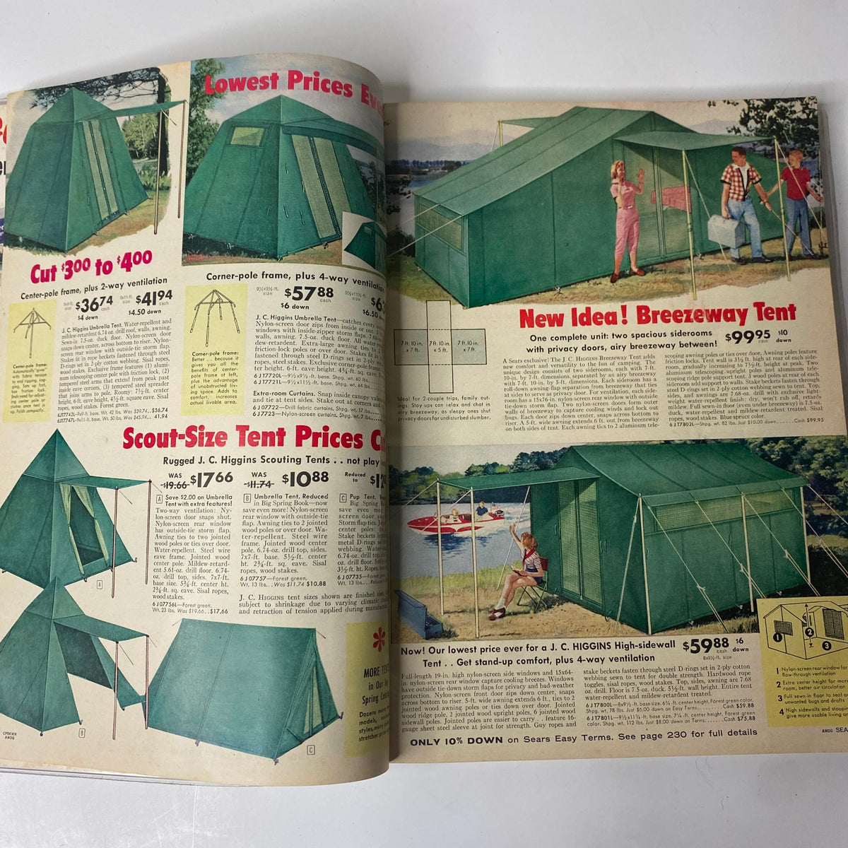 1959 Sears Summer Sale Book Catalog page displaying tents, including the Breezeway Tent and scouting tents, with detailed pricing and specifications for summer camping.