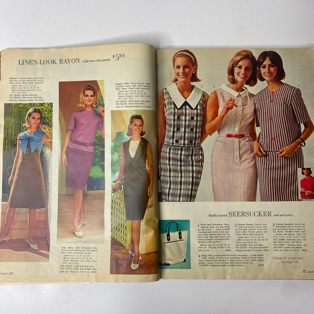 Interior page of the 1965 Sears Country Style Summer Catalog highlighting fashionable linen-look dresses and styles for summer, capturing the essence of 1960s design.