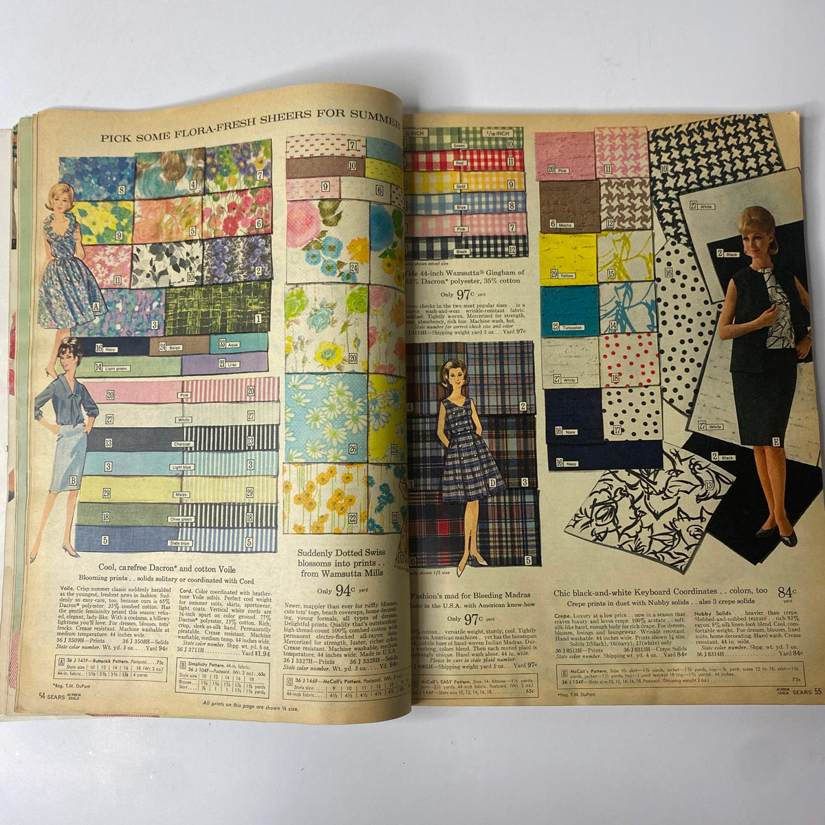 Interior page of the 1965 Sears Country Style Summer Catalog showcasing colorful summer fabrics and patterns, demonstrating vintage style and design influences from the 1960s.