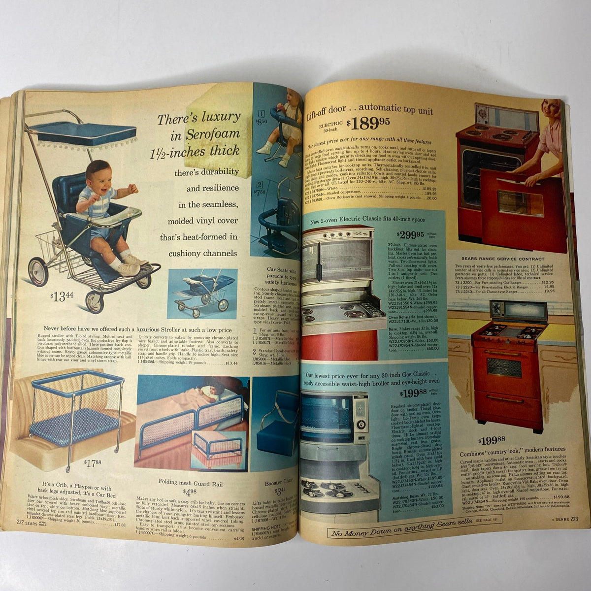 Inside the 1965 Sears Country Style Summer Catalog featuring durable baby strollers and modern kitchen appliances like ovens and dishwashers.
