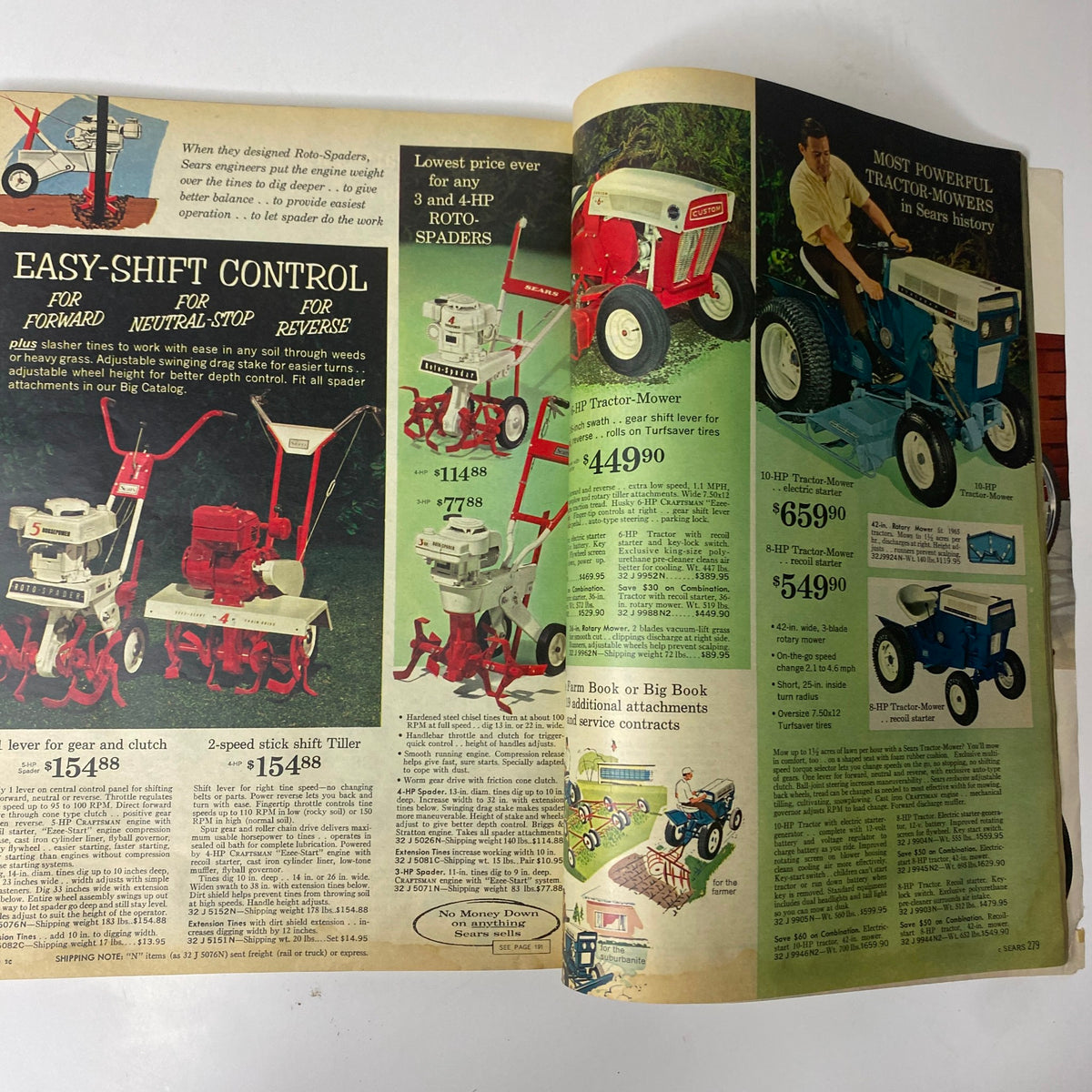 Illustration from the 1965 Sears Country Style Summer Catalog presenting garden equipment including roto-spaders and tractors, emphasizing functionality and outdoor living.