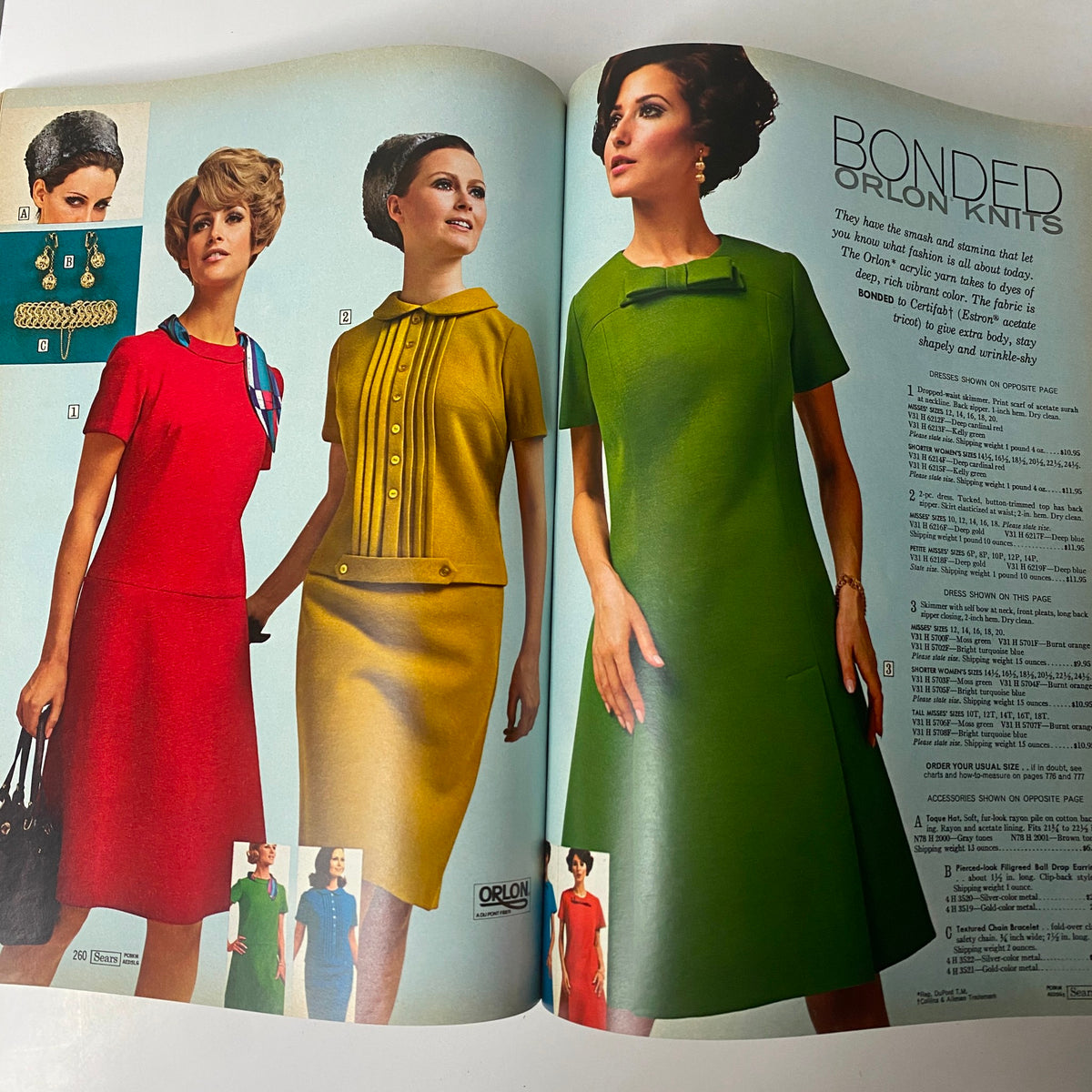 Women showcasing vibrant dresses made from Orlon knits in the 1968 Sears Fall and Winter Catalog, featuring classic 1960s designs and styles.